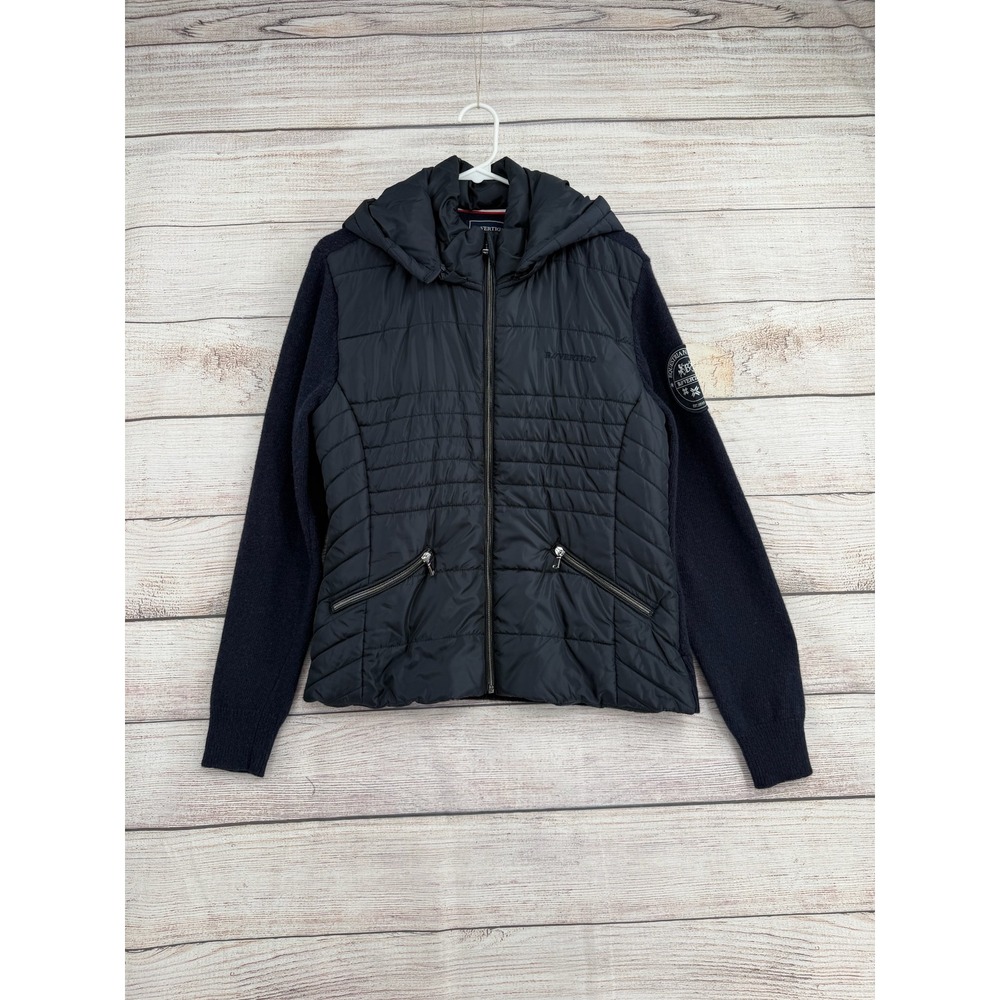 B//Vertigo Hybrid Jacket Women 12 Navy Blue Wool Blend Quilted Hooded